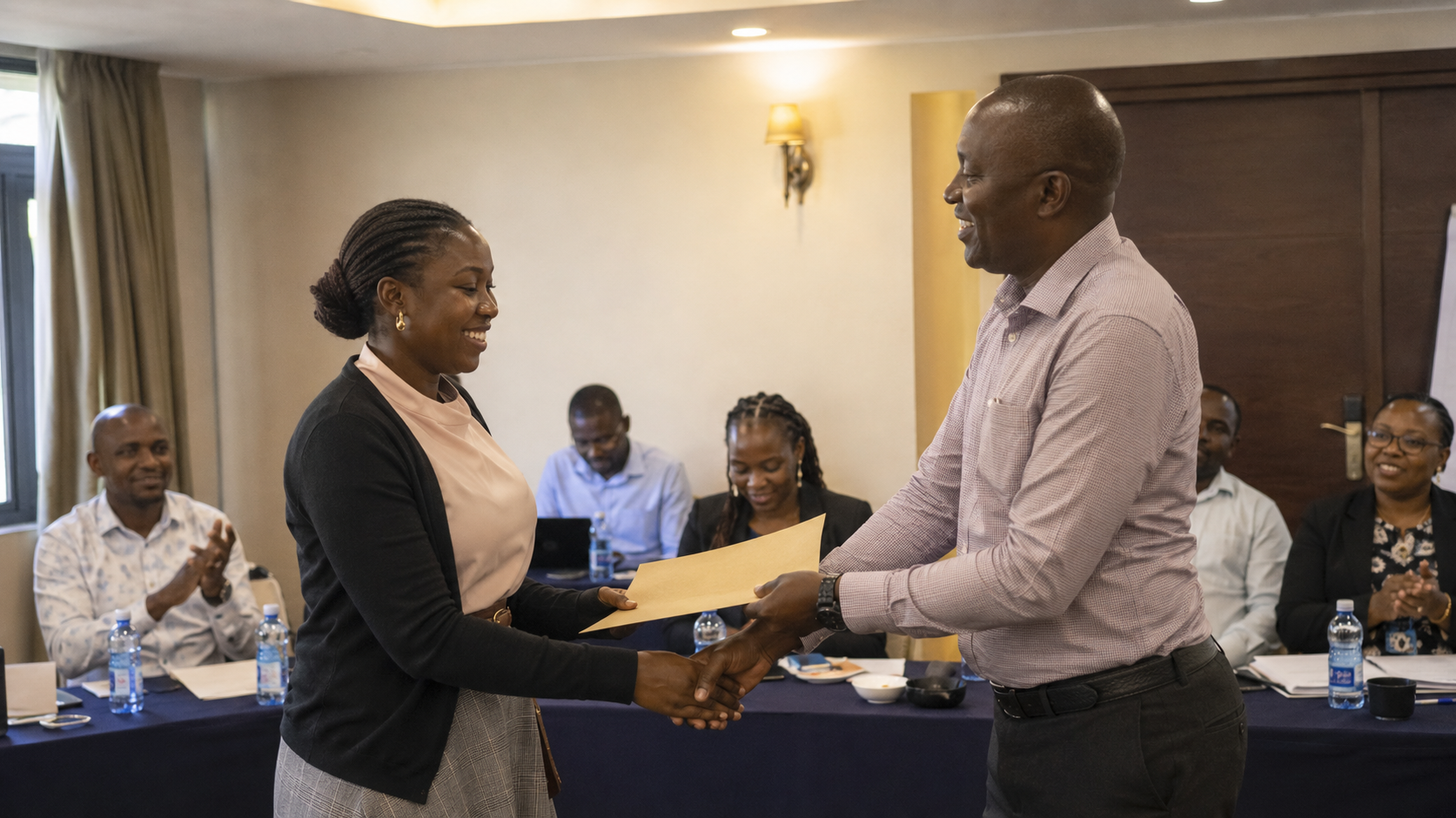 African compliance professional receiving an unbranded completion certificate in a professional training venue