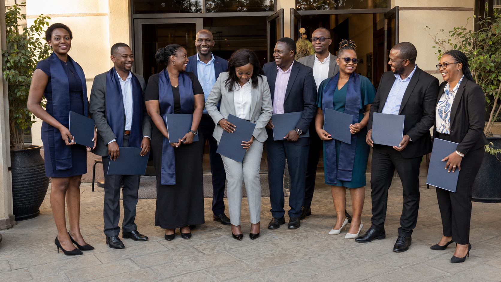 A fictional group of African professionals holding unbranded completion certificates